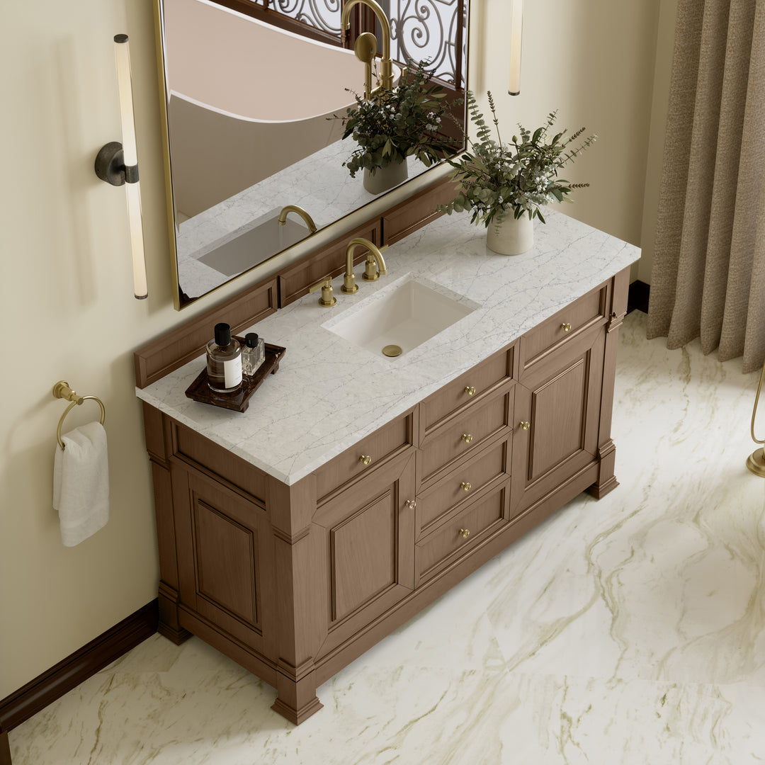 Brookfield 60" Single Vanity, Pecan w/ 3 CM Eternal Jasmine Pearl Silestone Top w/ FreePower Wireless Charger