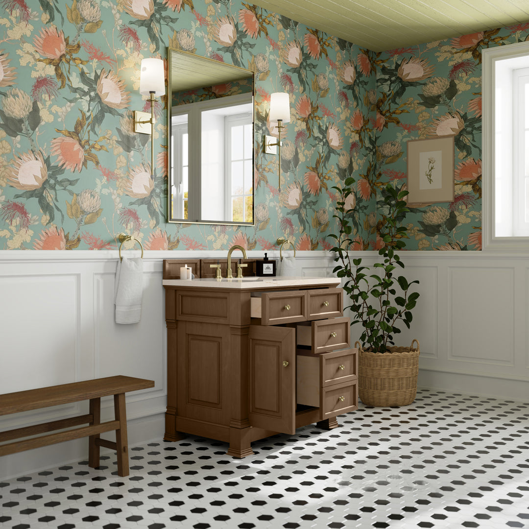 Brookfield 36" Single Vanity, Pecan w/ 3 CM Eternal Marfil Silestone® Top