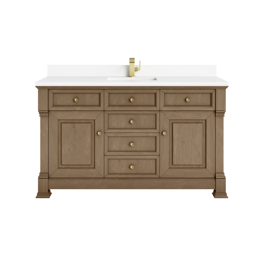 Brookfield 60" Single Vanity, Pecan w/ Single Hole 3CM White Zeus Silestone® Top & Backsplash
