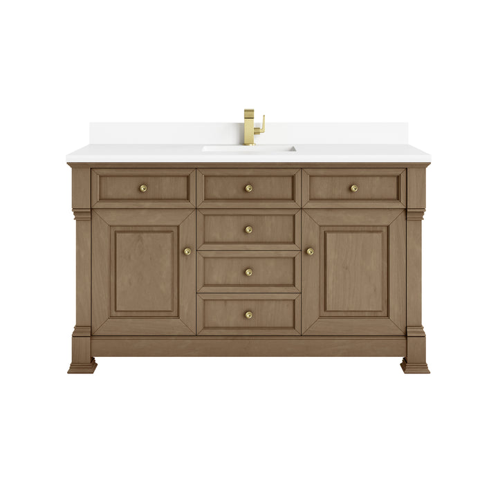 Brookfield 60" Single Vanity, Pecan w/ Single Hole 3CM White Zeus Silestone® Top & Backsplash