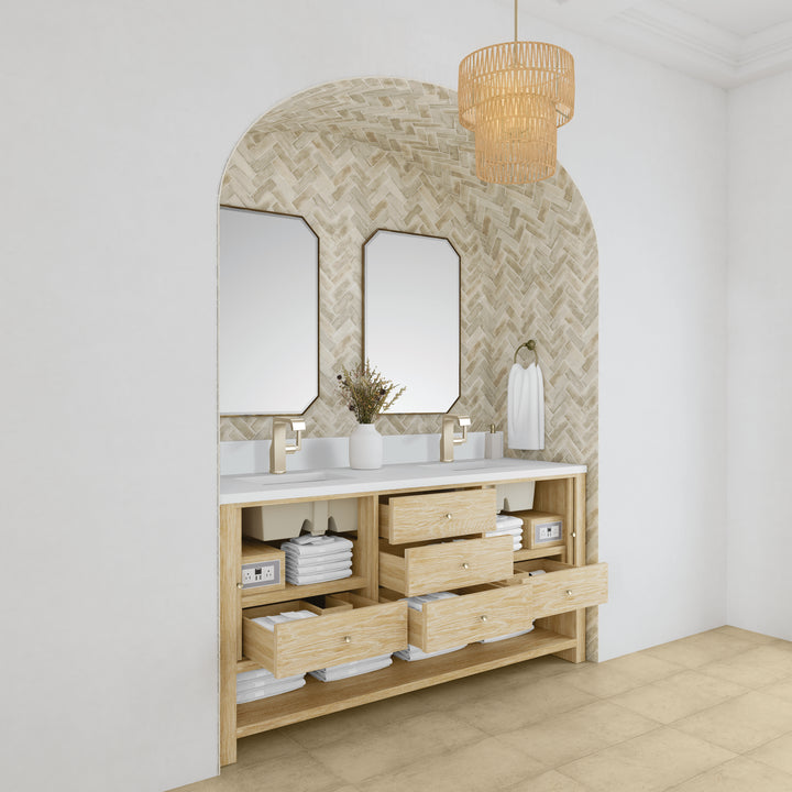 Marigot 72" Double Vanity, Sunwashed Oak w/ Hole 3 CM White Zeus Silestone Top & Backsplash