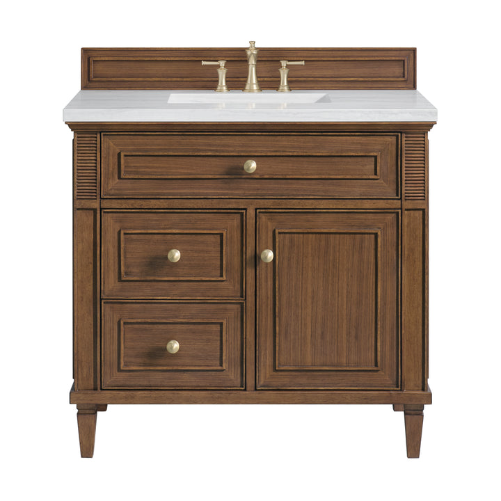 Lorelai 36" Single Vanity, Mid-Century Walnut w/ 3 CM Arctic Fall Solid Surface Top