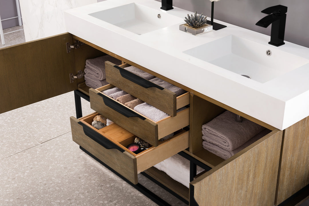 Columbia 59" Double Vanity, Latte Oak, Matte Black w/ Glossy White Composite Stone Top