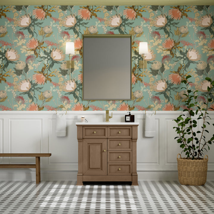 Brookfield 36" Single Vanity, Pecan w/ Single Hole 3CM White Zeus Silestone® Top & Backsplash