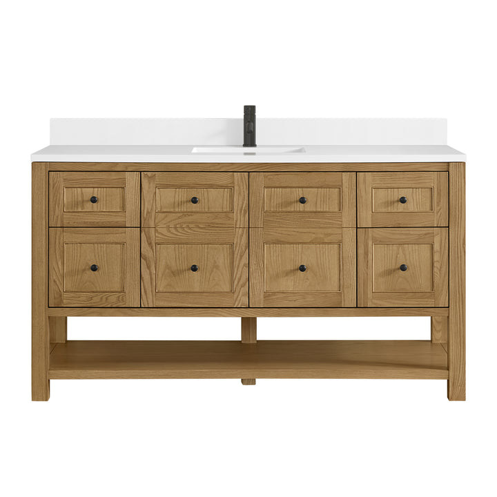 Breckenridge 60" Single Vanity, Light Natural Oak, w/ Single Hole 3 CM White Zeus Quartz Top & Backsplash
