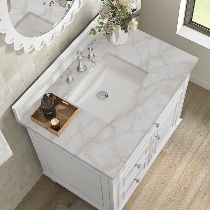 Lorelai 36" Single Vanity, Bright White w/ 3 CM Victorian Silver Silestone Top