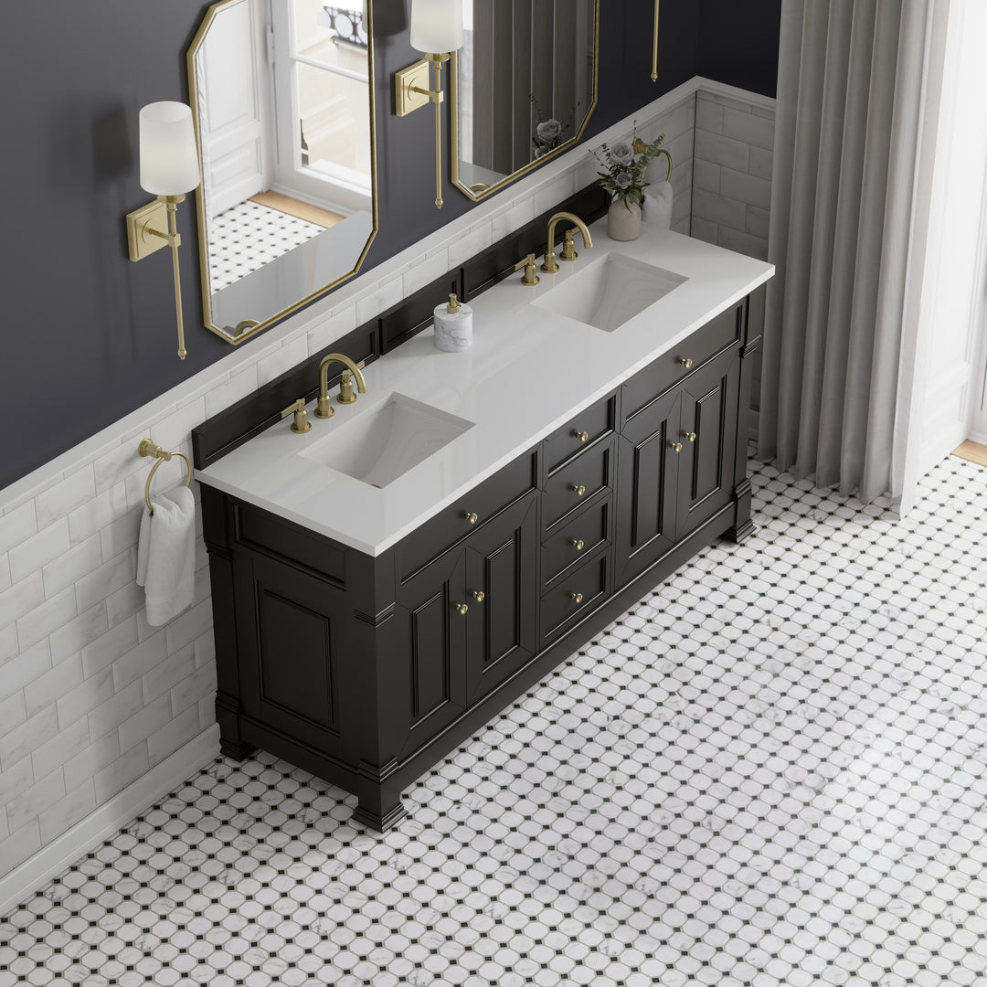 Brookfield 72" Double Vanity, Black Onyx, w/ 3 CM White Zeus Silestone® Top
