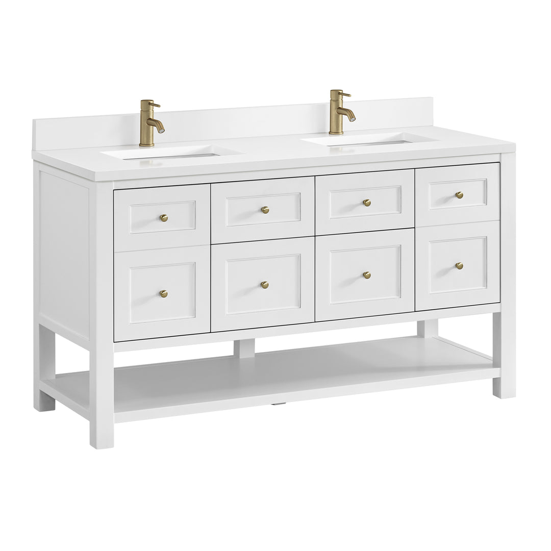 Breckenridge 60" Double Vanity, Bright White, w/ Single Hole 3 CM White Zeus Quartz Top & Backsplash