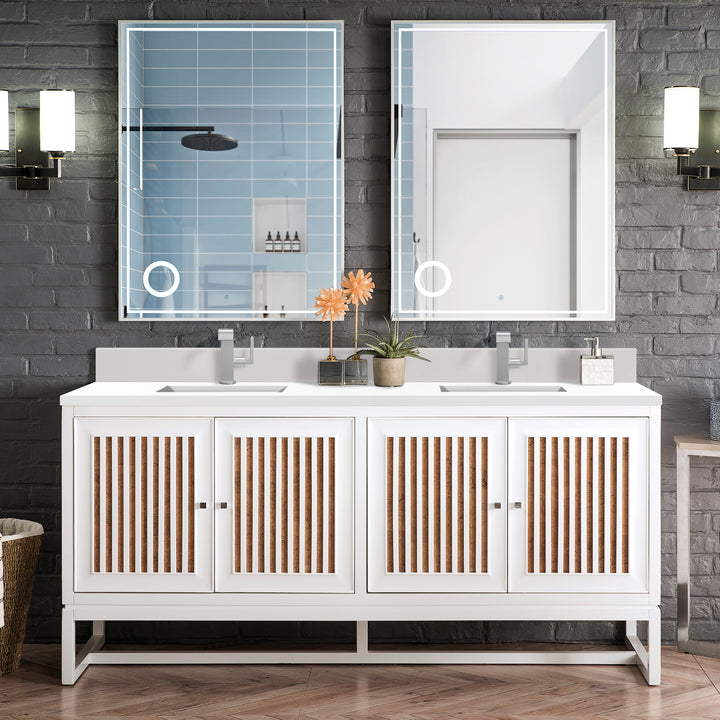Athens 72" Double Vanity, Glossy White w/ Single Hole 3 CM White Zeus Silestone Top & Backsplash