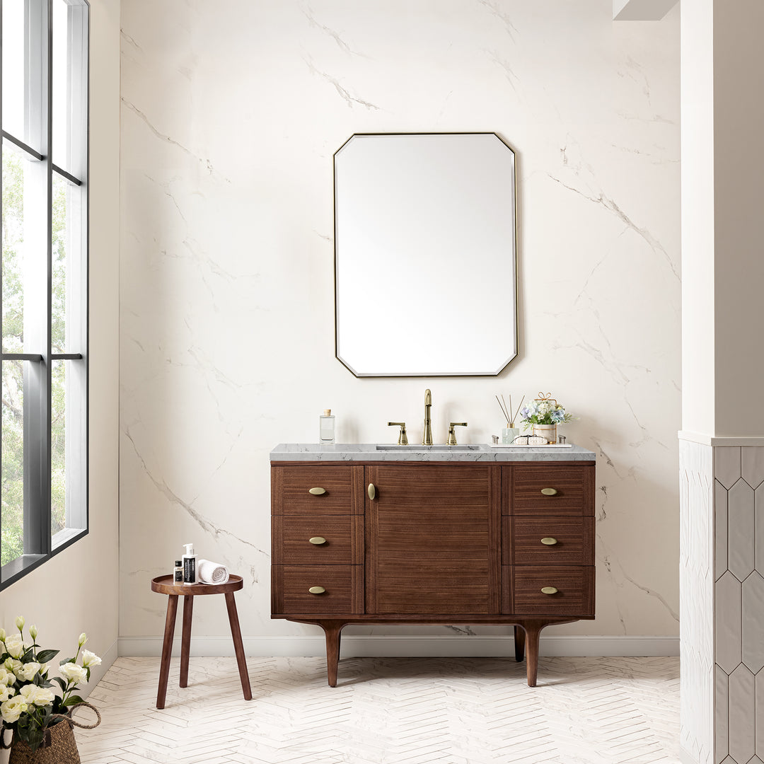 Amberly 48" Single Vanity, Mid-Century Walnut w/ 3 CM Eternal Jasmine Pearl Top w/FreePower Wireless Charger