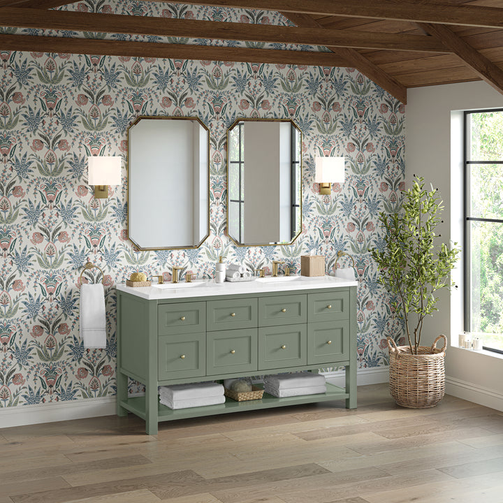 Breckenridge 60" Double Vanity, Smokey Celadon, w/ 3 CM White Zeus Quartz Top