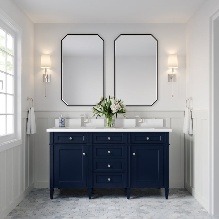 Brittany 60" Double Vanity, Victory Bleu w/ Single Hole 3 CM White Zeus Silestone Top & Backsplash