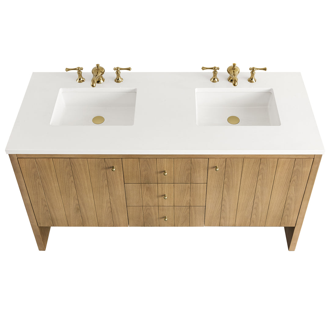 Hudson 60" Double Vanity, Light Natural Oak w/ 3 CM White Zeus Top