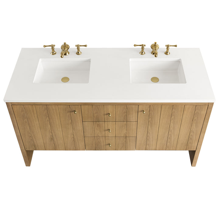 Hudson 60" Double Vanity, Light Natural Oak w/ 3 CM White Zeus Top