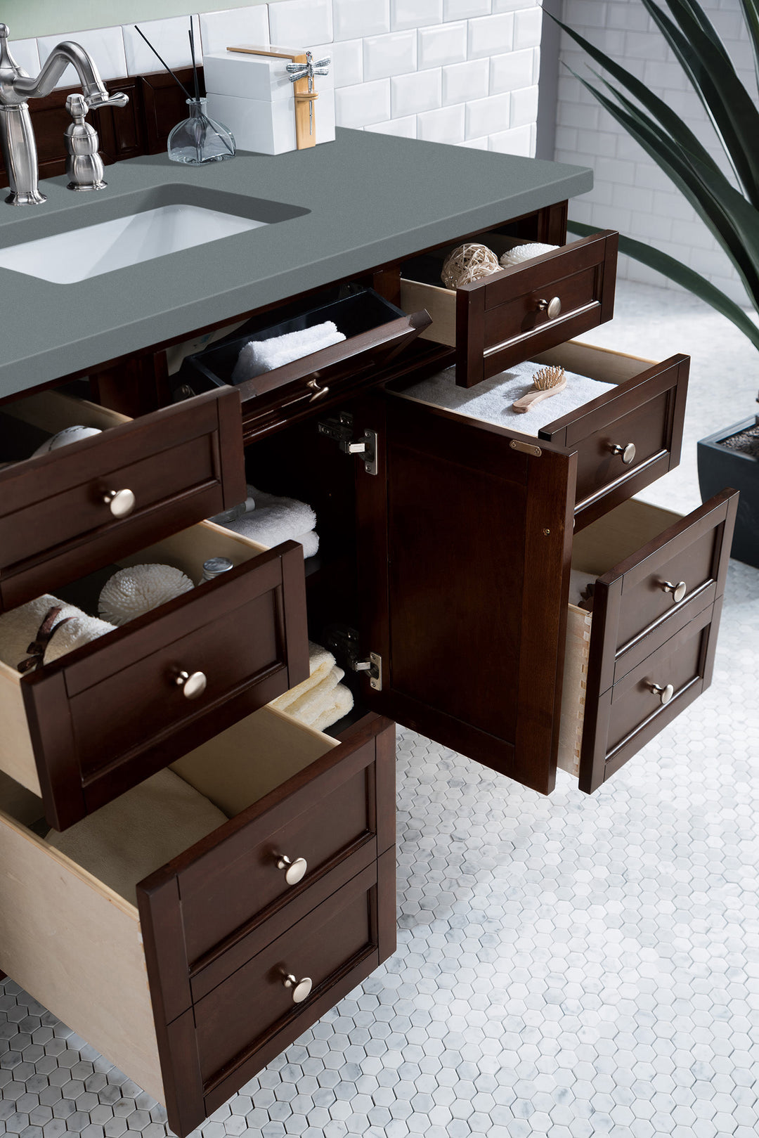 Brittany 48" Single Vanity, Burnished Mahogany w/ 3 CM Cala Blue Silestone Top