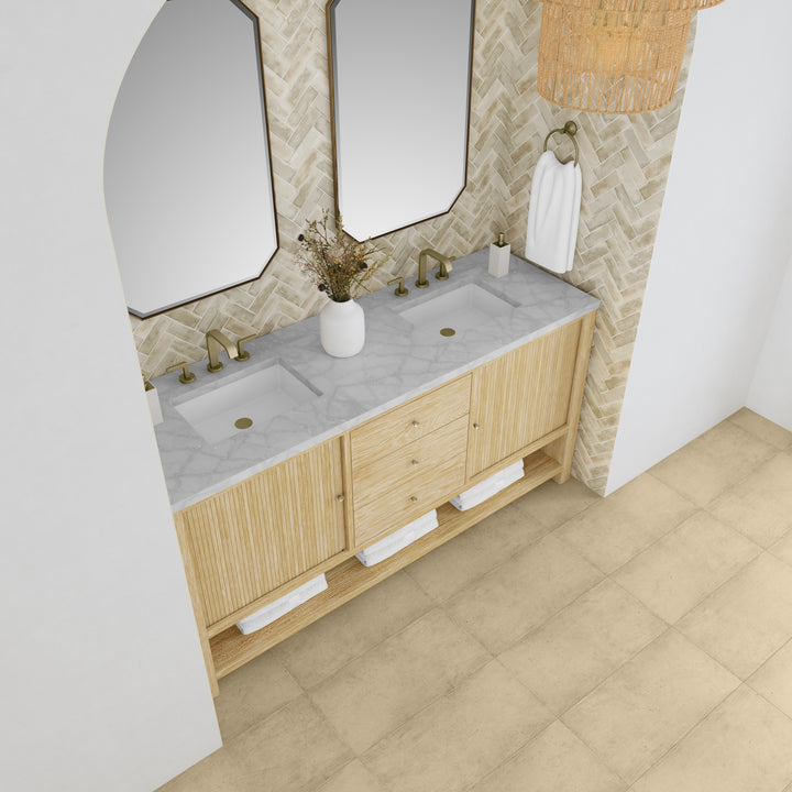 Marigot 72" Double Vanity, Sunwashed Oak w/ 3 CM Victorian Silver Silestone Top w/ FreePower Wireless Charger