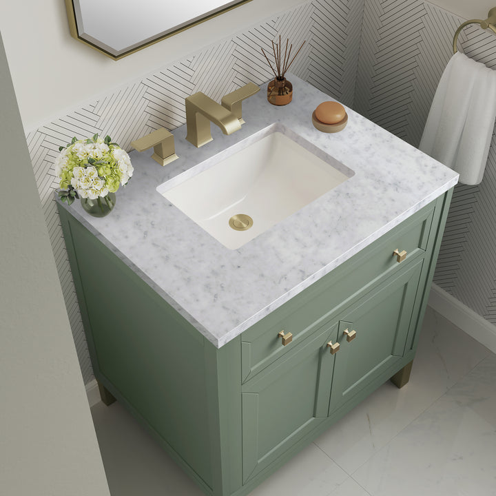 Chicago 30" Single Vanity, Smokey Celadon, w/ 3 CM Carrara Marble Top