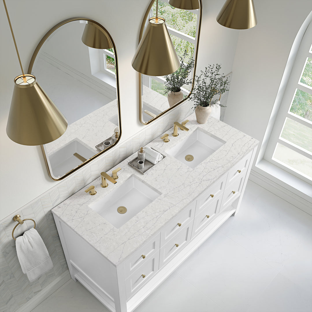 Breckenridge 60" Double Vanity, Bright White, w/ 3 CM Eternal Jasmine Pearl Quartz Top