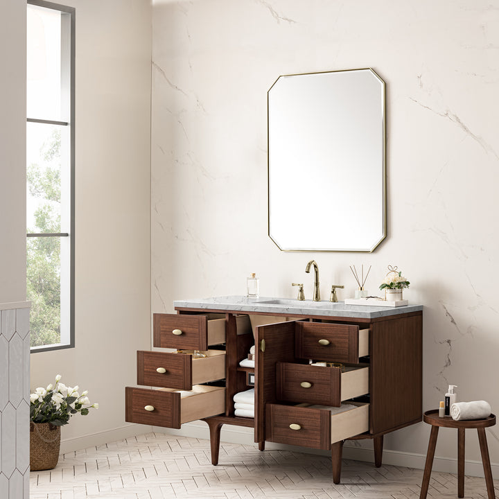 Amberly 48" Single Vanity, Mid-Century Walnut w/ 3 CM Eternal Jasmine Pearl Top w/FreePower Wireless Charger