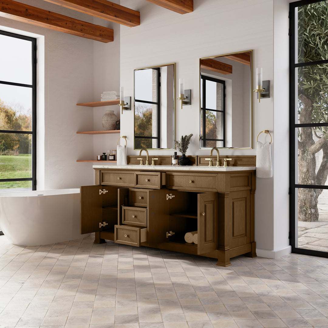 Brookfield 72" Double Vanity, Honey Oak w/ 3 CM Victorian Silver Silestone® Top