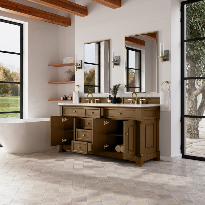 Brookfield 72" Double Vanity, Honey Oak w/ 3 CM Victorian Silver Silestone® Top