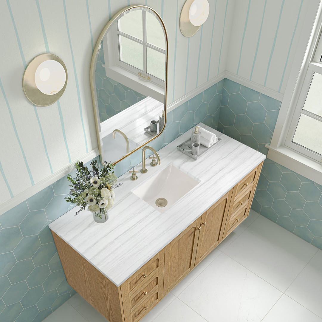 Laurent 60" Single Vanity, Light Natural Oak, w/ 3 CM Arctic Fall Solid Surface Top