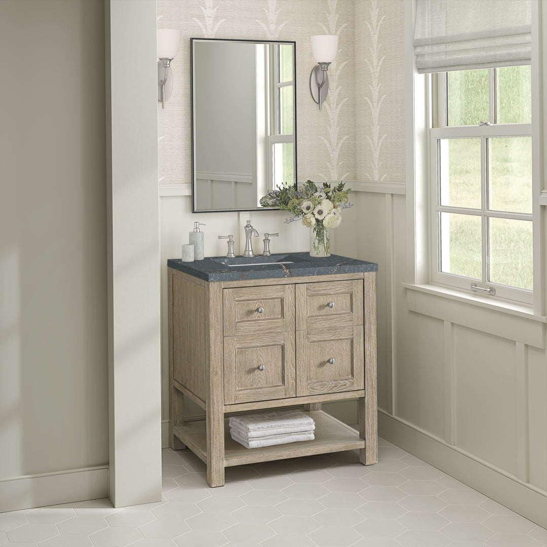 Breckenridge 30" Single Vanity, Whitewashed Oak w/ 3 CM Parisien Bleu Silestone Top
