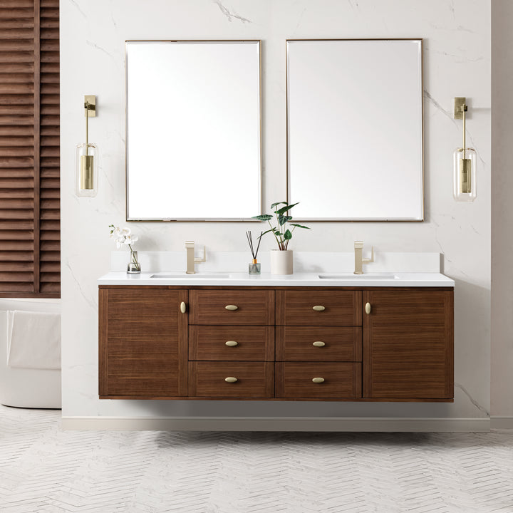 Amberly 72" Double Vanity, Mid-Century Walnut w/ Single Hole 3 CM White Zeus Top & Backsplash