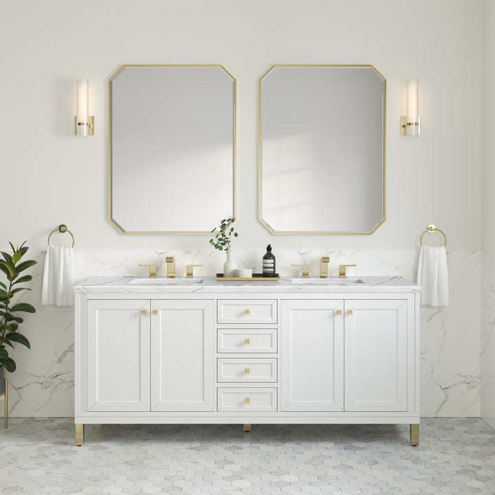 Chicago 72" Double Vanity, Glossy White, w/ 3 CM Ethereal Noctis Silestone® Top