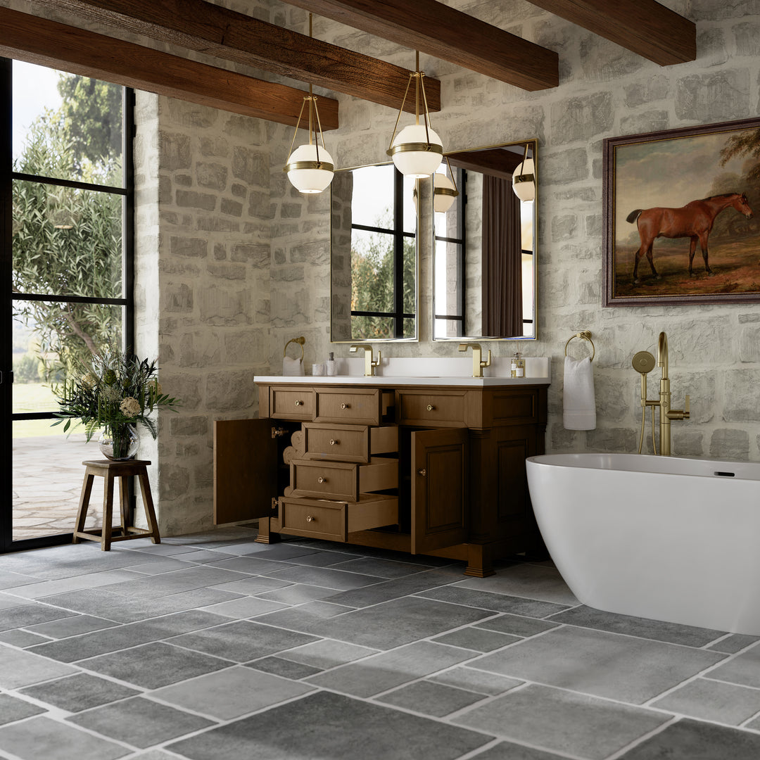 Brookfield 60" Double Vanity, Honey Oak w/ Single Hole 3 CM White Zeus Silestone® Top & Backsplash