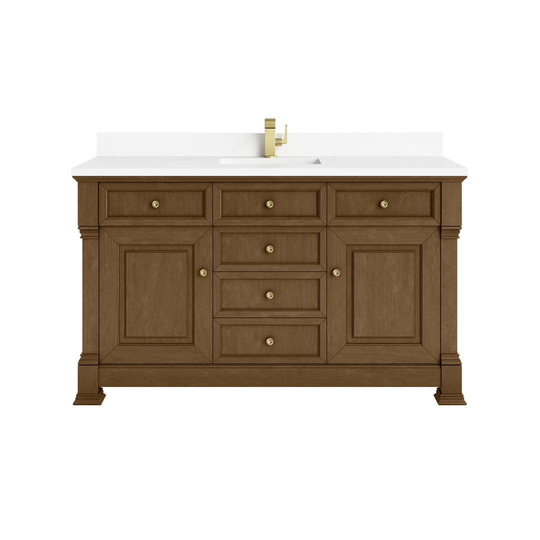 Brookfield 60" Single Vanity, Honey Oak w/ Single Hole 3 CM White Zeus Silestone® Top & Backsplash