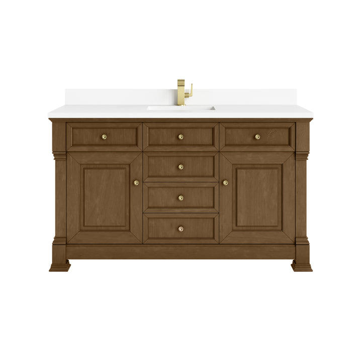 Brookfield 60" Single Vanity, Honey Oak w/ Single Hole 3 CM White Zeus Silestone® Top & Backsplash