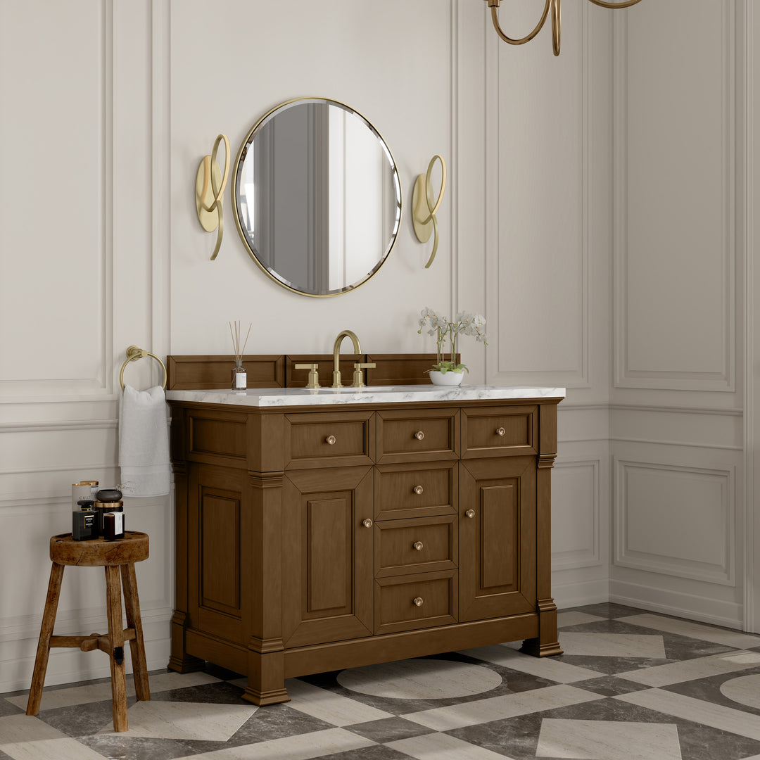 Brookfield 48" Single Vanity, Honey Oak w/3 CM Carrara White Marble Top