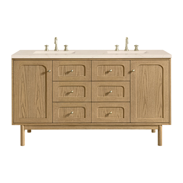 Laurent 60" Double Vanity, Light Natural Oak, w/ 3 CM Eternal Marfil Quartz Top