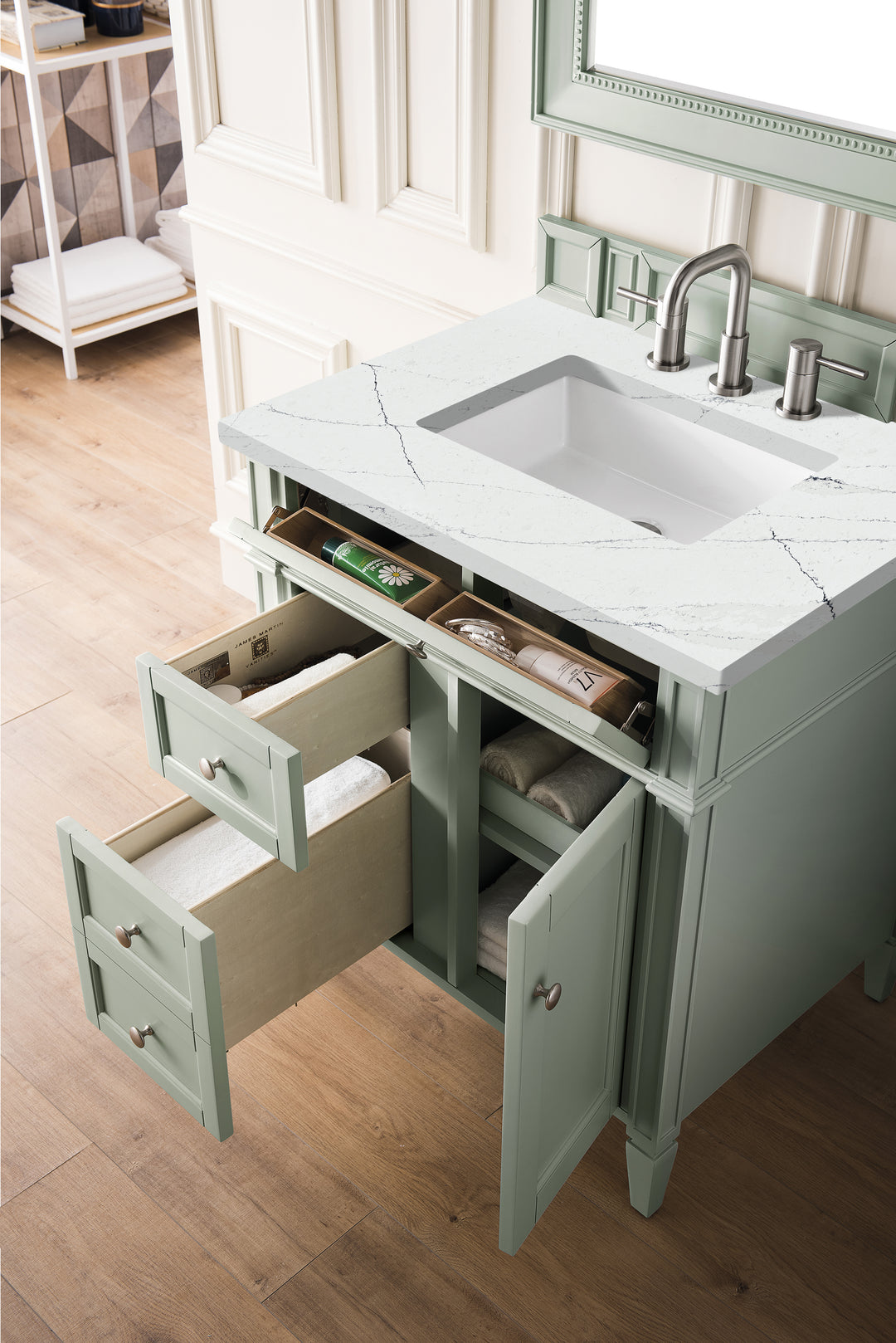 Brittany 30" Single Vanity, Sage Green, w/ 3 CM Ethereal Noctis Silestone Top