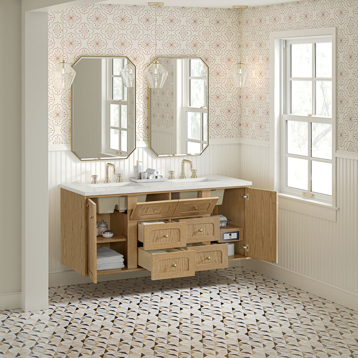 Laurent 60" Double Vanity, Light Natural Oak, w/ 3 CM Lime Delight Quartz Top