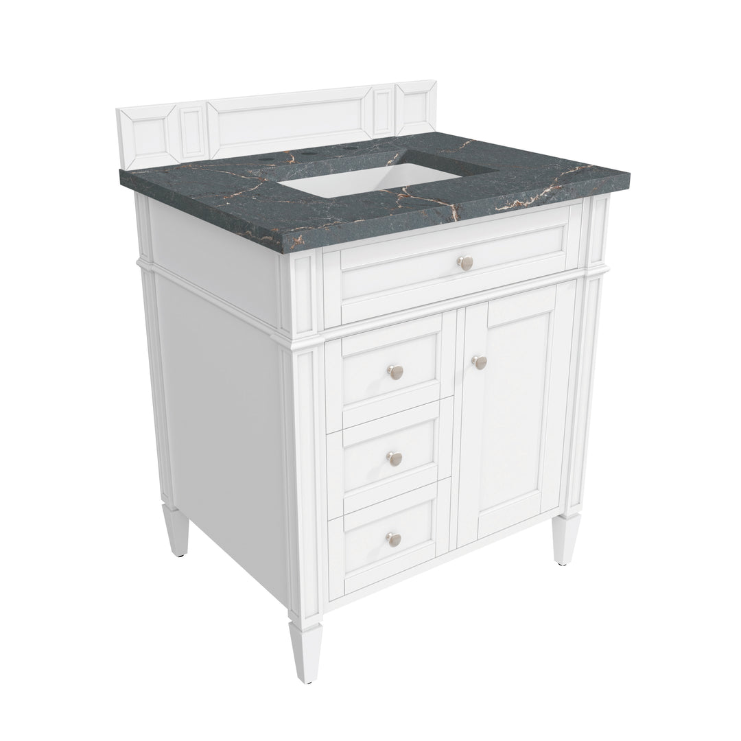 Brittany 30" Single Vanity, Bright White, w/ 3 CM Parisien Bleu Silestone Top