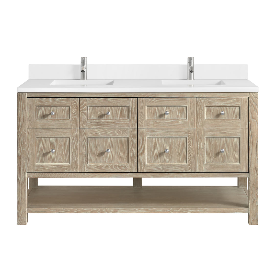 Breckenridge 60" Double Vanity, Whitewashed Oak, w/ Single Hole 3 CM White Zeus Quartz Top & Backsplash
