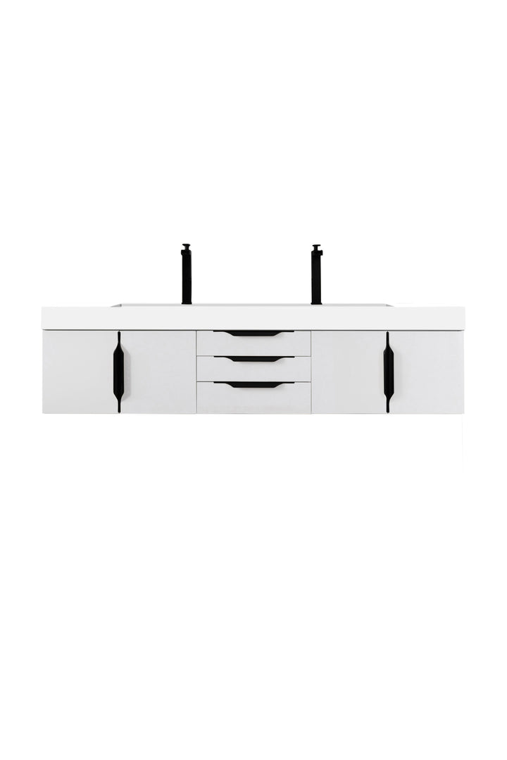 Columbia 72" Double Wall Mount Vanity, Glossy White, Matte Black w/ Glossy White Composite Stone Top