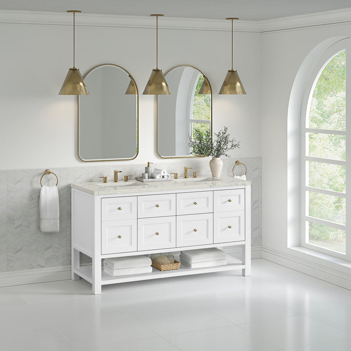 Breckenridge 60" Double Vanity, Bright White, w/ 3 CM Victorian Silver Quartz Top w/FreePower Wireless Charger