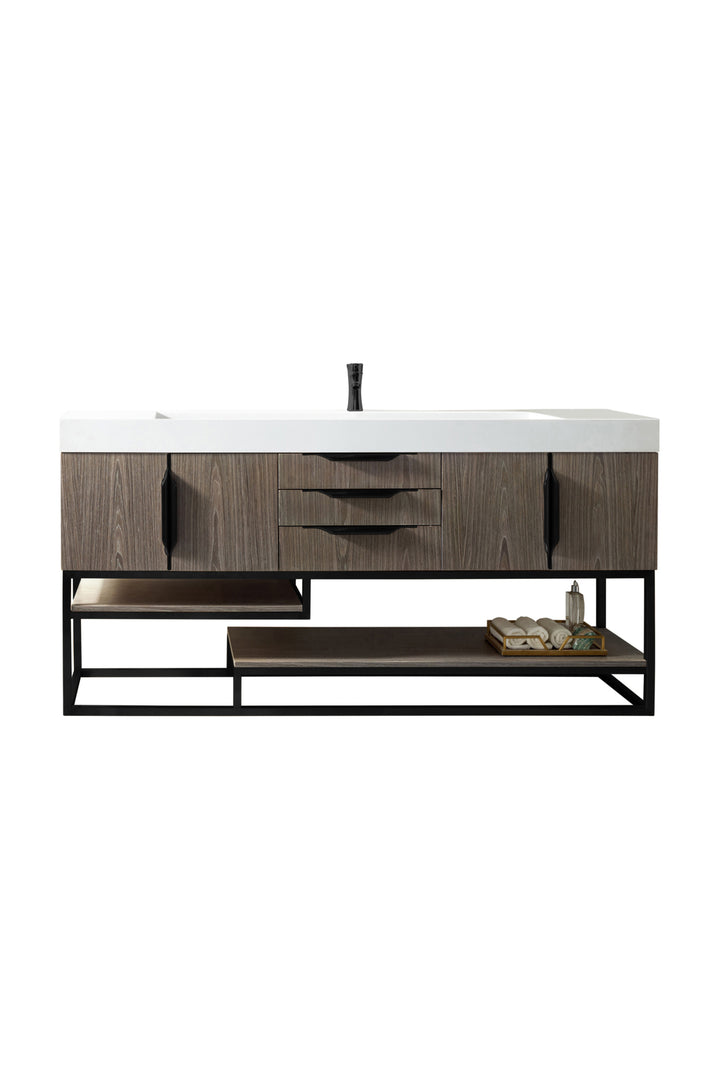 Columbia 72" Single Vanity, Ash Gray, Matte Black w/ Glossy White Composite Stone Top