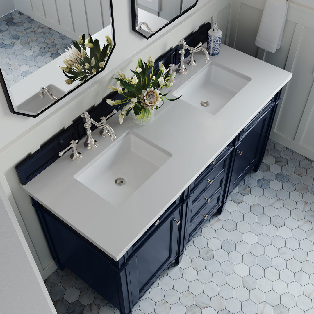 Brittany 60" Double Vanity, Victory Blue w/ 3 CM White Zeus Silestone Top