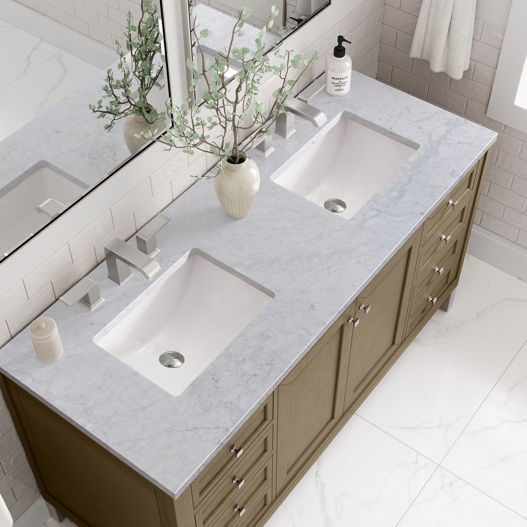 Chicago 60" Double Vanity, Walnut Whisper, w/ 3 CM Carrara Marble Top
