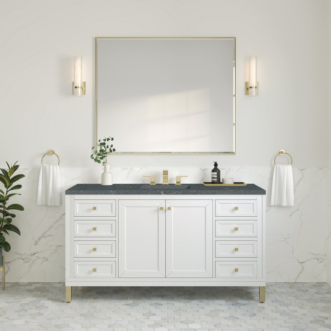 Chicago 60" Single Vanity, Glossy White, w/ 3 CM Parisien Bleu Silestone® Top w/FreePower Wireless Charger