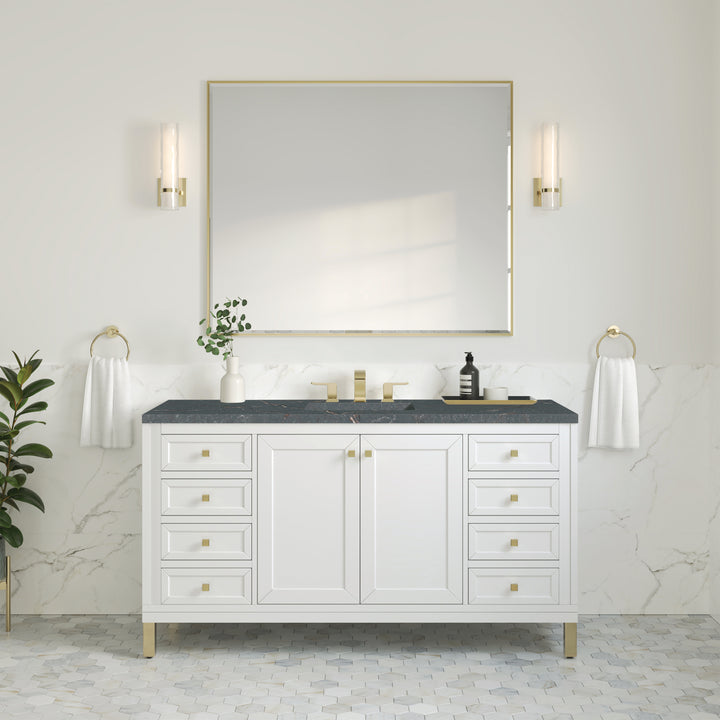Chicago 60" Single Vanity, Glossy White, w/ 3 CM Parisien Bleu Silestone® Top w/FreePower Wireless Charger