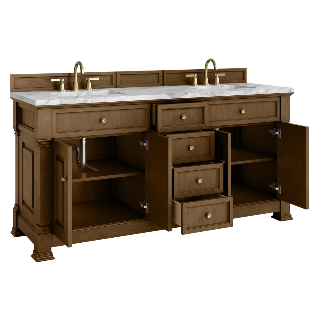 Brookfield 72" Double Vanity, Honey Oak w/3 CM Carrara White Marble Top