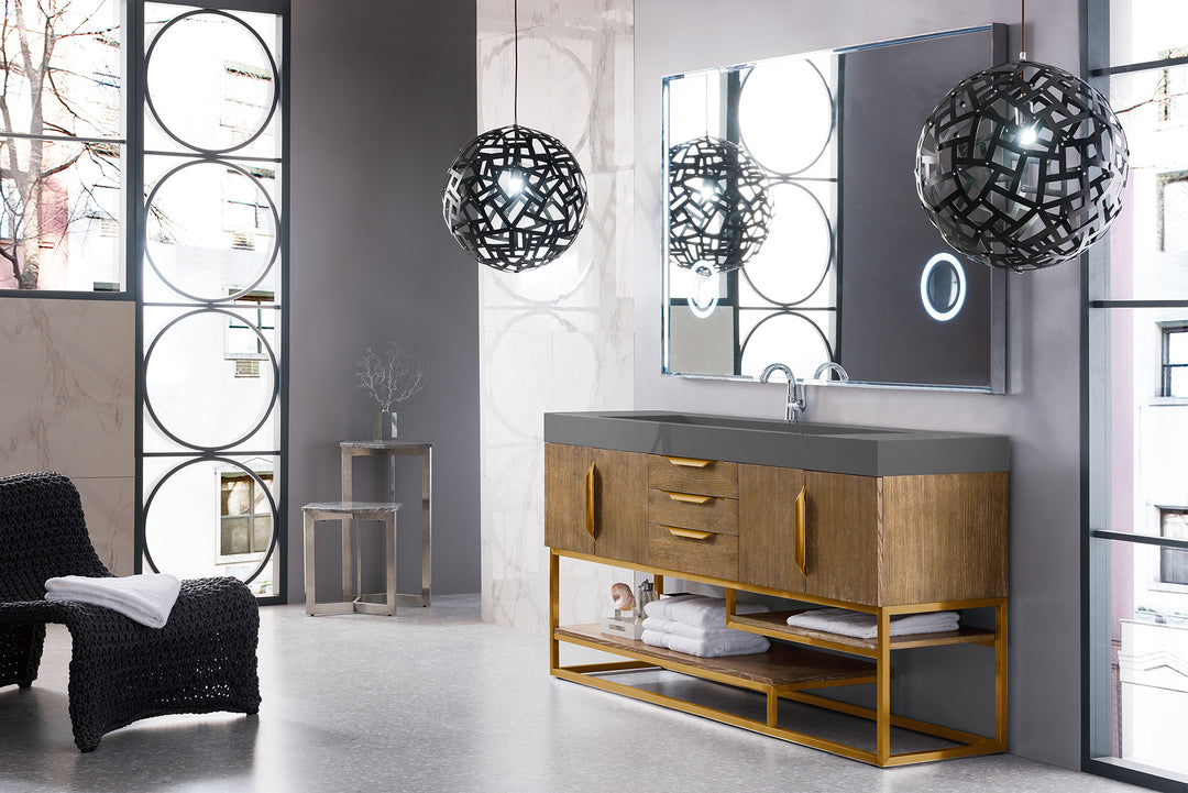 Columbia 72" Single Vanity, Latte Oak, Radiant Gold w/ Dusk Grey Glossy Composite Stone Top