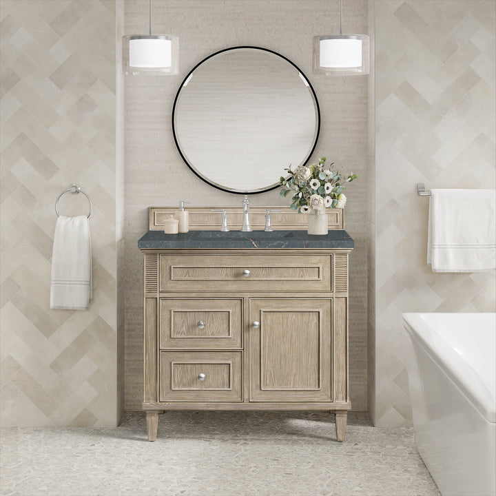 Lorelai 36" Single Vanity, Whitewashed Oak w/ 3 CM Parisien Bleu Silestone Top