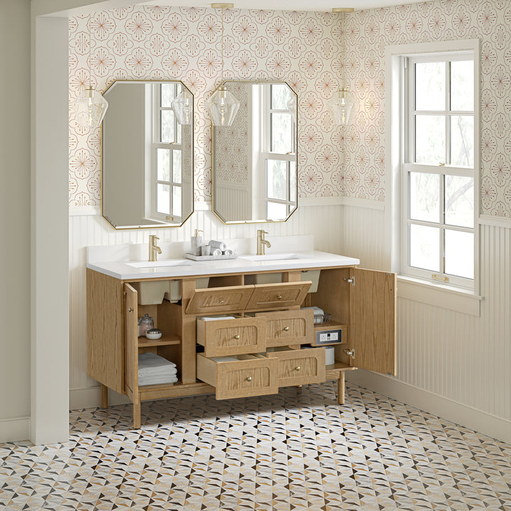 Laurent 60" Double Vanity, Light Natural Oak, w/ Single Hole 3 CM White Zeus Quartz Top & Backsplash