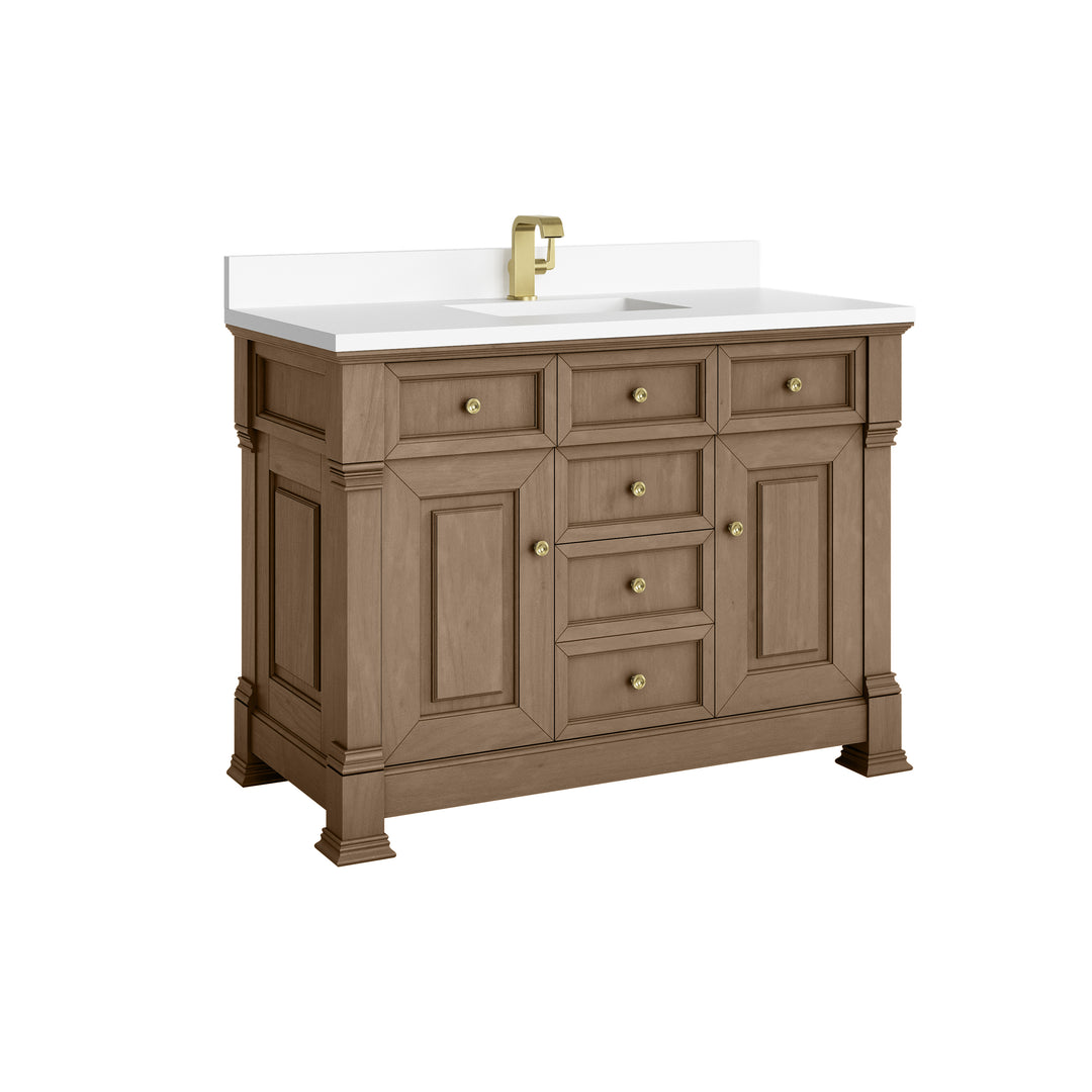 Brookfield 48" Single Vanity, Pecan w/ Single Hole 3CM White Zeus Silestone®  Top & Backsplash